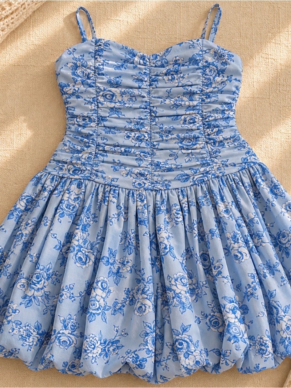 Aqua Blue Floral Ruched Bodice Spaghetti Strap Dress